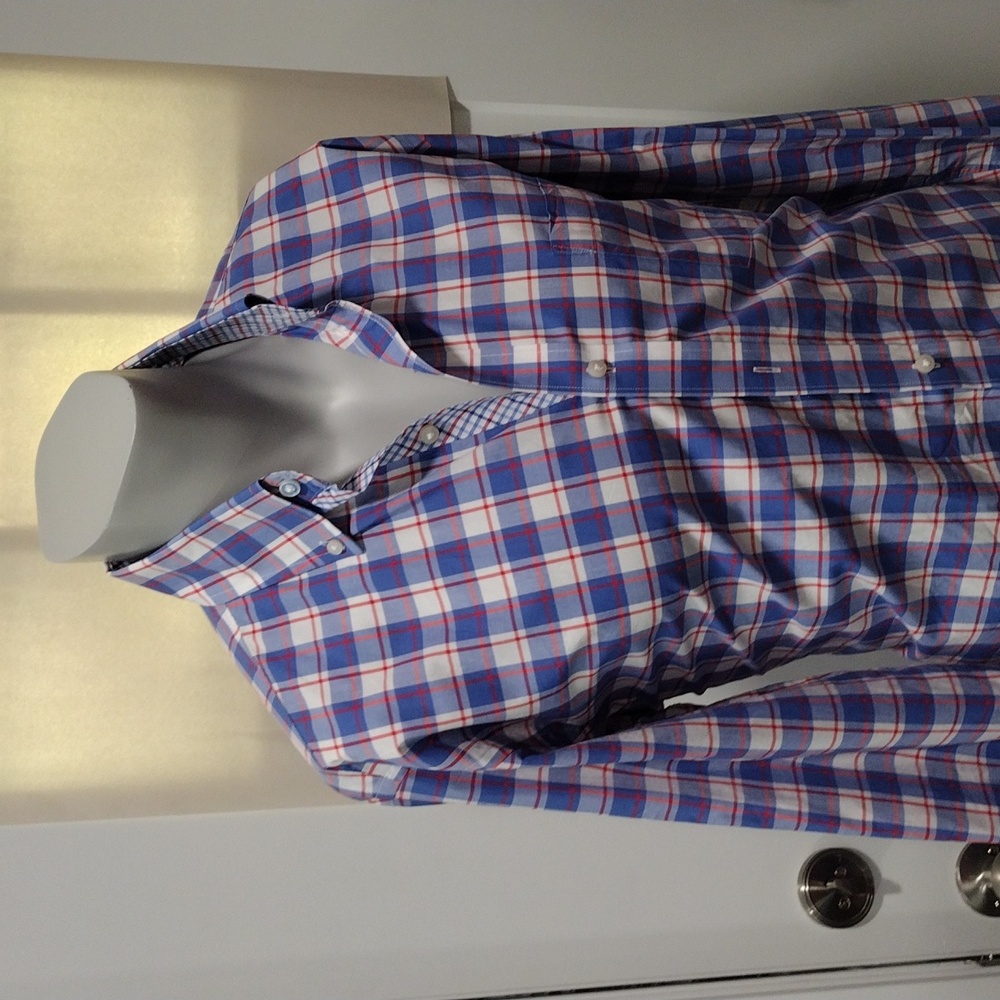 Tailorbyrd mens red, white and blue plaid cotton shirt. Large. Mint condition